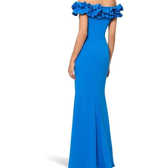 Xscape Turquoise Blue Off the Shoulder Ruffle Crepe Trumpet Gown - Picture 2 of 3